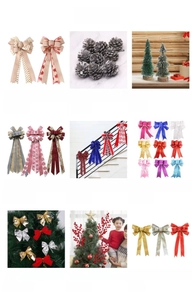 Detailed collection of festive bows, pine cones, and mini snowy cedar trees for holiday decor