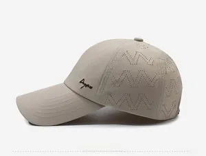Detail view of quick-dry baseball cap featuring laser-cut breathable holes and side embroidery