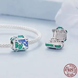 925 silver suitcase charm with Eiffel Tower enamel and functional openable design