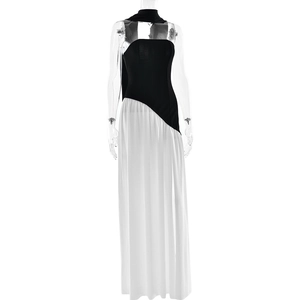 Sleek backless monochrome maxi dress with black bodice and white flowing slit skirt