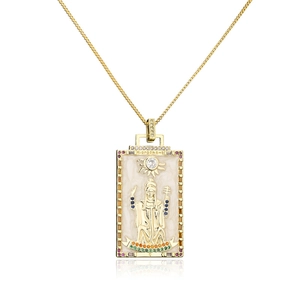 Detail of 18K gold-plated Tarot The Hierophant pendant necklace with colorful zircons