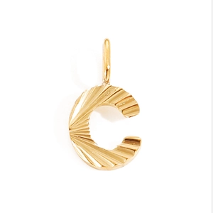 Golden stainless steel letter C pendant with sunburst texture and polished round bail