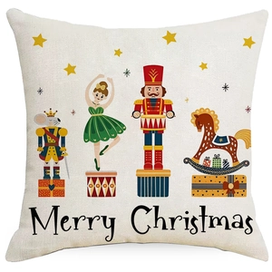 Christmas Nutcracker cushion cover with festive ballet characters and Merry Christmas text