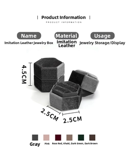 Detail view of the gray faux velvet hexagonal jewelry box with specific dimensions