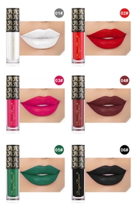 Lip glaze color palette showing shades from white and red to green and black