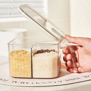 Kitchen push-button seasoning box with two compartments and transparent plastic cover
