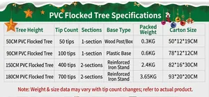 Size specifications table for flocked PVC Christmas trees from 50cm to 180cm height