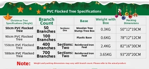 Size specifications table for flocked PVC Christmas trees from 50cm to 180cm height
