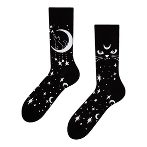 Mismatched animal jacquard crew socks in black featuring cat, moon and star patterns