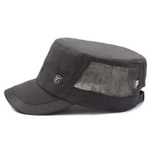 Men's breathable dark grey mesh flat top army cap with adjustable strap and side emblem