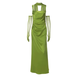 Detail of green satin dress featuring pleated waist and matching mesh gloves on white background