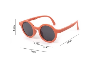 Detailed size chart for kids round sunglasses in orange with exact frame dimensions