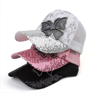 Women Sequin Baseball Cap Butterfly Bow Rhinestone Floral Embroidery Breathable Mesh Outdoor Sun Hat Adjustable Fashion