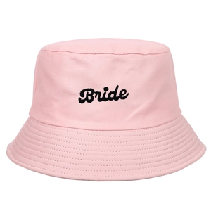 Stylish pink bucket hat with black Bride cursive embroidery for wedding parties