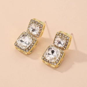 Elegant Double Square Alloy Rhinestone Stud Earrings With 925 Sterling Silver Earring Post Geometric Luxury For Women