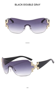 Detailed view of frameless Y2K sunglasses with rhinestones and gradient purple lenses