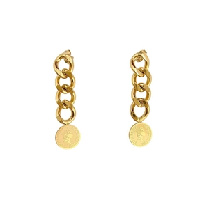 Retro gold coin earrings with cuban chain and Elizabeth II portrait pendant