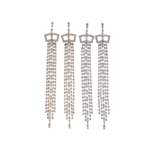 Elegant long tassel crown earrings with cubic zirconia rhinestones in gold and silver finish