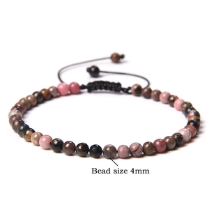 Adjustable 4mm natural stone bead bracelet with hand-woven cord in pink and brown tones