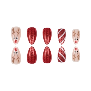 Christmas almond press-on nails with red glitter, deer art, and candy cane stripes
