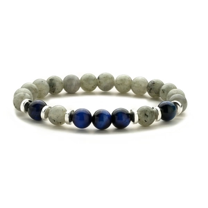 Handgefertigtes Perlenarmband aus Tigerauge und Labradorit mit silbernen Trennelementen
