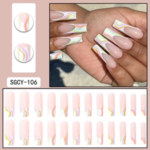 French press-on nails with rainbow wave lines, long coffin shape, full set display