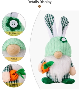 Detail display of Easter gnome with buttons, wooden nose, and carrot decoration