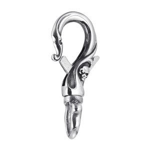 Polished stainless steel skull pendant hook with detailed carving on white background