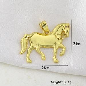 Detail view of a gold plated horse pendant with dimensions 2.8cm x 2.5cm and 3.4g weight