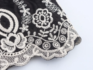 Detailed close-up of intricate white floral embroidery on a black fabric background