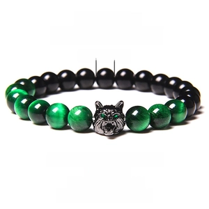 Wolf head beaded bracelet with tiger eye stones and strong elastic rope, 8mm beads