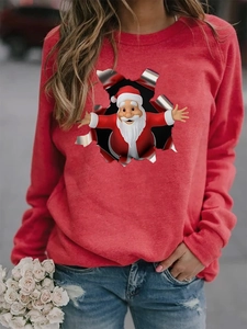 Detail view of a long-sleeved Santa Claus print sweatshirt with a classic crew neck