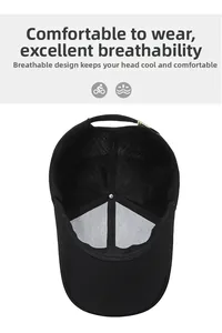 Detail view of the breathable mesh lining and adjustable metal buckle on black baseball cap