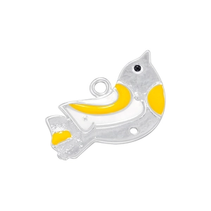 Detail of silver bird pendant with bright yellow enamel finish and dual metal rings