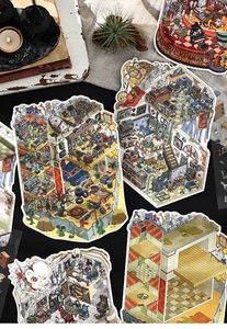 Flat lay of vintage architecture stickers with laboratory and garage scene designs