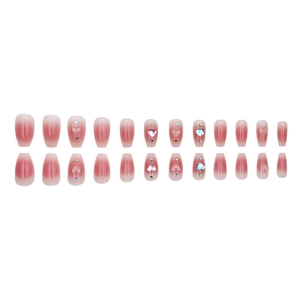 Rosa Ombré-Kunstnägel mit 3D-Herz-Strasssteinen und Hochglanz-Finish, 24-teiliges Set