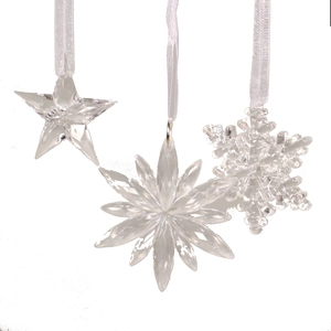 Clear acrylic Christmas hanging ornaments with star and snowflake designs for tree decor