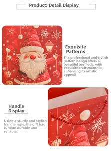 Detail of Christmas gift bag with Santa Claus pattern and durable braided handles