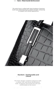 Détail du sac à main noir motif crocodile avec ferrures argentées et texture en cuir poli