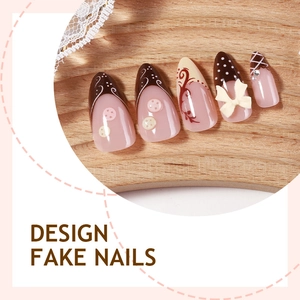 French tip almond fake nails with 3D cream bows and brown polka dots design