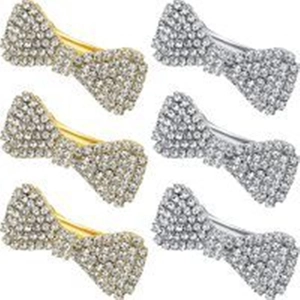 Set of six sparkling rhinestone bow hair clips in elegant gold and silver metal finishes