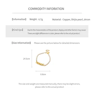 Detailed size guide for zircon pearl bracelet showing length, weight and material specifications