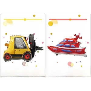 Cartoon forklift and speedboat foil balloons for children in individual packaging