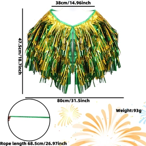 Detailed view of Saint Patrick's Day green and gold fringe tinsel cape with dimensions