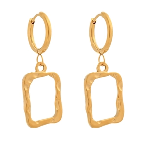 Macro shot of gold geometric earrings with hollow hammered rectangle charms on white background