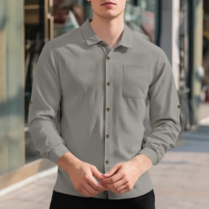 Men's casual linen-textured long sleeve shirt in grey with chest pocket and lapel
