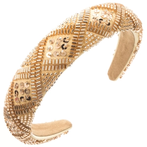 Detailed view of champagne gold beaded headband with intricate geometric pattern and sequins