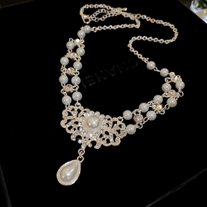Collier Künstliche Perles Vintage Baroque Pour Femmes Alliage Strass Pendentif Goutte D'eau Style Cour Française Double Couche