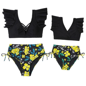 Matching mother daughter floral bikini set with black ruffle tops and high waist bottoms
