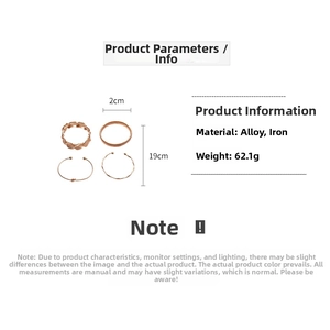 Detail showing dimensions and material of 4pcs rose gold irregular geometric bracelet set